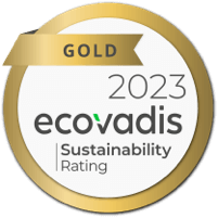 The image shows a gold-colored badge with the inscription 'EcoVadis 2023', representing an award for sustainable business practices.